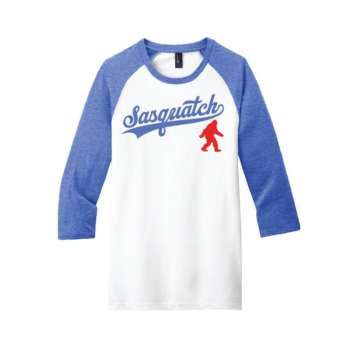 Bigfoot Chicken Dodgers Sasquatch baseball shirt with blue sleeves and white body