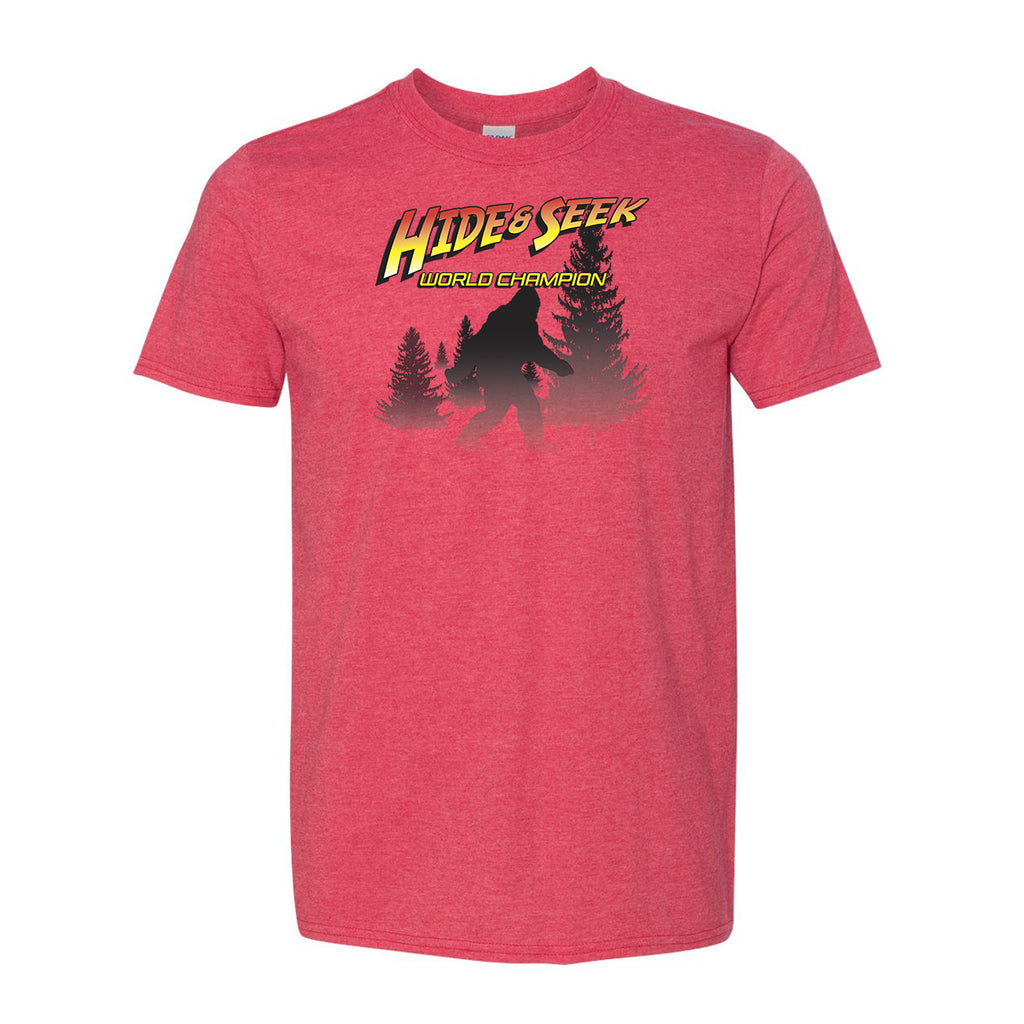 Bigfoot Chicken Hide & Seek World Champion graphic T-shirt in heather red
