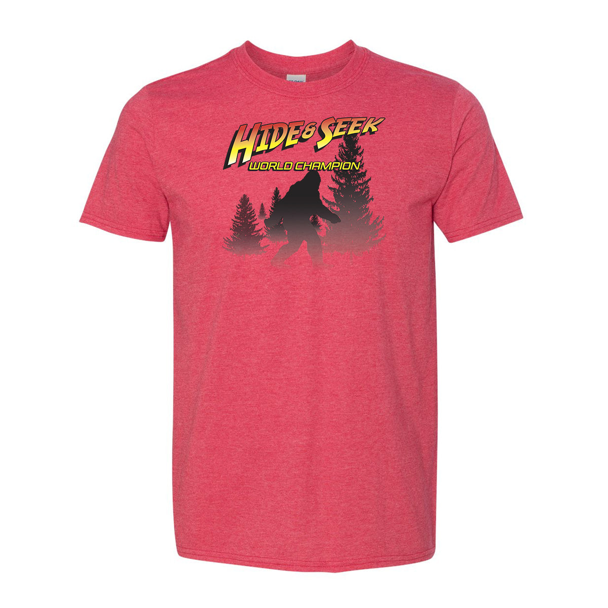Bigfoot Chicken Hide & Seek World Champion graphic T-shirt in heather red