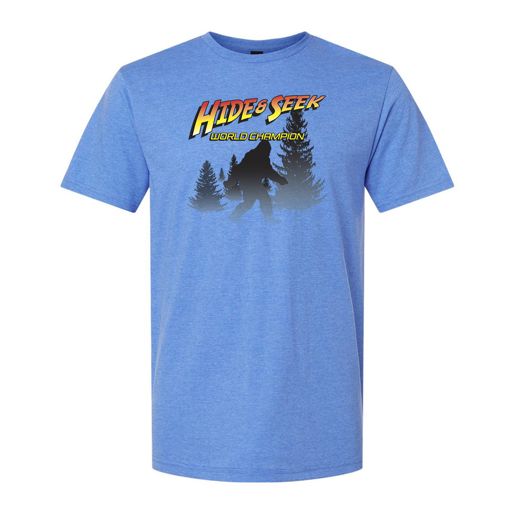Bigfoot Chicken Hide & Seek World Champion graphic T-shirt in heather royal blue