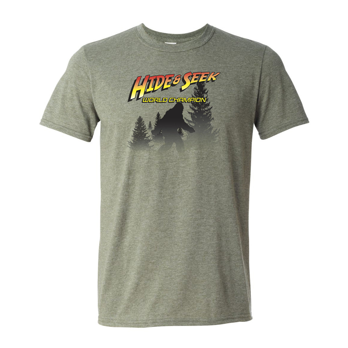 Bigfoot Chicken Hide & Seek World Champion graphic T-shirt in military green