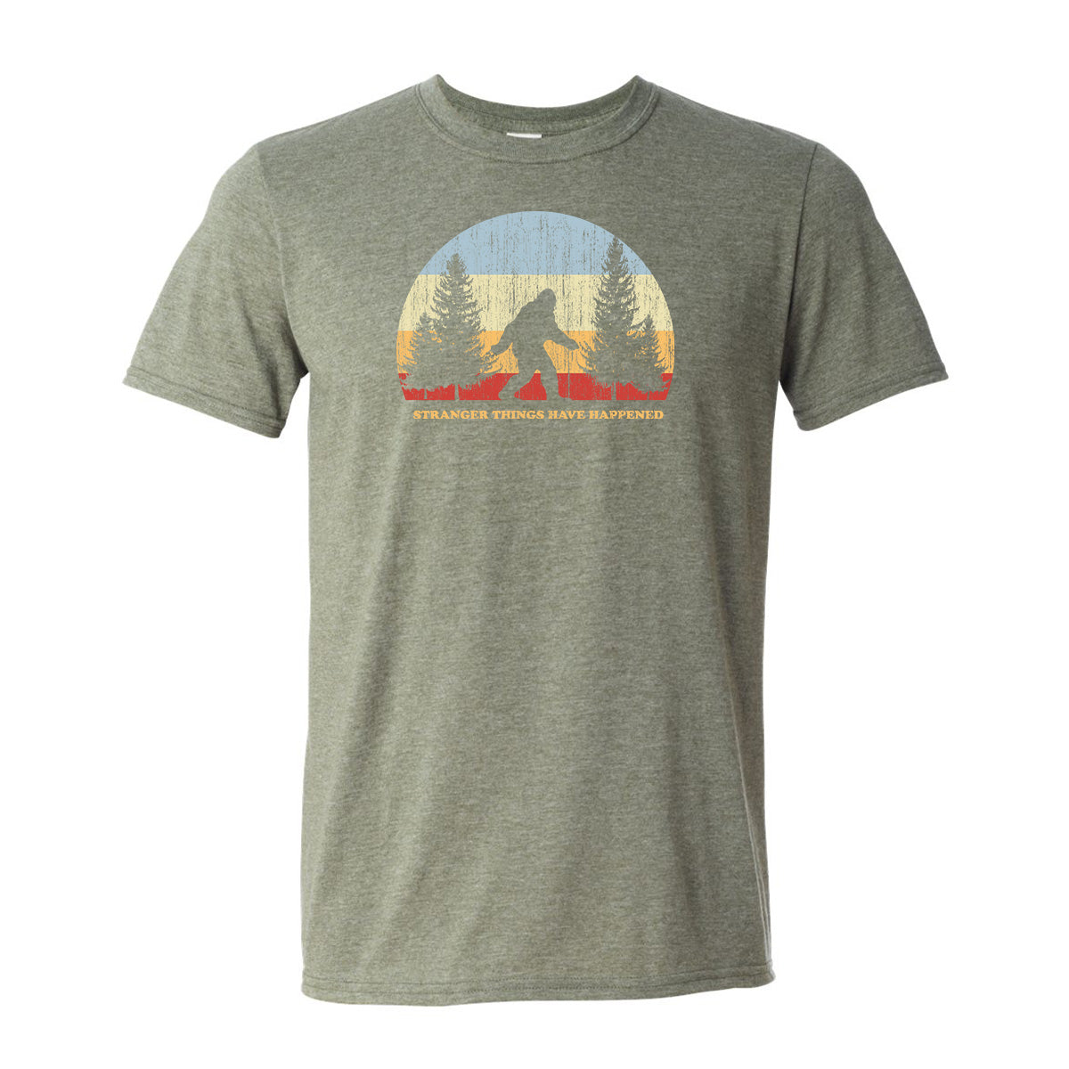 Bigfoot Chicken Stranger Things graphic T-shirt in military green